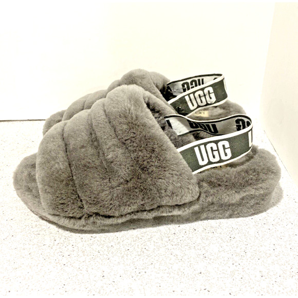 UGG Shoes - UGG US 8 Comfort Slippers Fluffy Furry Slingback Slides Charcoal & White Shoes